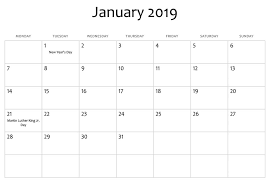 January 2019 Usa Holidays Calendar Monthly Calendar Printable Blank Monthly Calendar Template Calendar Printables