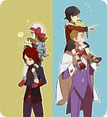 1girl 3boys Backwards Hat Black Hair Brown Hair Cabbie Hat Cape Carrying Chikorita Formal Gold Pokemon Gold Pokemo Pokemon Characters Anime Pokemon