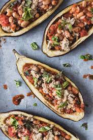 Gefullte Aubergine Mit Weissen Bohnen Nataschakimberly Rezept Gefullte Auberginen Nahrstoffreiche Rezepte Vegetarisches Essen