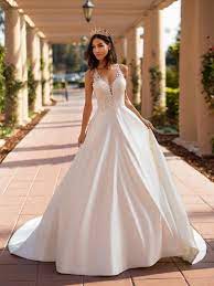 Moonlight Collection S J6742 Satin A Line Bridal Gown A Line Bridal Gowns Applique Wedding Dress Satin Wedding Gown