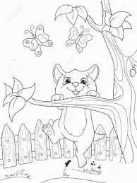Dibujo para colorear de niños jugando en primavera. Ninos Para Colorear Amigos Animales De Dibujos Animados En La Naturaleza Gatito Y Gato Ilustraciones Vectoriales Clip Art Vectorizado Libre De Derechos Image 83484316