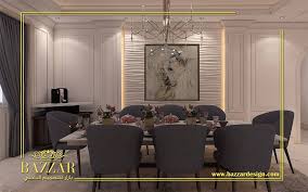 تصميم غرفه طعام نيوكلاسيك تم طلاء الجدران باللون الابيض و اختيار اللون الرمادي للسفره والاضءاه المخفيه في الجدران مما اعطى لمسه شاعري Home Decor Home Interior