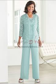 Jade Blue Lace Elegant Mother Of The Bride Pant Suits With Lace Jacket Elastic Waist Trousers Outfit Aqu Lace Outfit Bride Clothes Mother Of The Bride Dresses