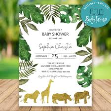 Editable Jungle Safari Baby Shower Invitations Instant Download Bobotemp