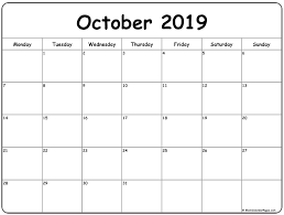 October 2019 Monday Calendar Monday To Sunday Calendar Printables Monthly Calendar Printable Blank Monthly Calendar
