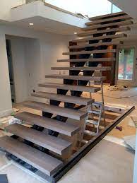 Open Riser Double Steel Stringer Floating Custom Wood Oak Treads Curved Stair Stairs House Stairs
