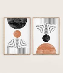 Mid Century Modern Wall Art Print Set Of 2 Neutral Abstract Geometric Digital Download Prints Black White Orange Minimal Gallery Art In 2020 Art Print Set Minimal Wall Art Mid Century Modern Art