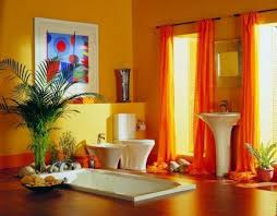 You can paint walls and ceiling in your bathroom in white but buy some orange furniture, an orange rug, an orange shower curtain and some other elements of decor in this color. Amazing Chic And Inspirational Colorful Bathroom Ideas In Light Orange Yellow Bathroom Color Design
