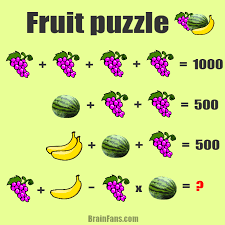 The next piece of the problem works roughly the same way. Brain Teaser Number And Math Puzzle Fruit Puzzle Grapes Bananas Watermelons The Right Tough Fruit Puzzle F Maths Puzzles Math Pictures Math Challenge