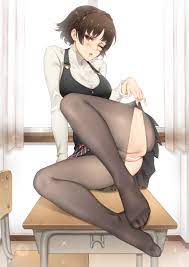 atlus brown hair censored feet kinhasu makoto niijima no shoes  pantyhose persona persona 5 red eyes short hair shuujin academy uniform 