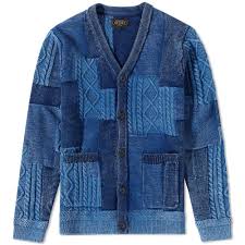 Beams Plus Indigo Patchwork Cardigan Cardigan Men Sweater Sweaters