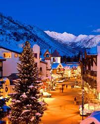 Scenic view at dusk with christmas holiday lights. Vail Village Real Estate Ron Byrne Associates