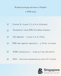 🗓️ Новий календар профілактичних щеплень в Україні з 2026 року З 1 січня  2026 року в Україні починає діяти оновлений Календар профілактичних щеплень  (наказ МОЗ України №396 від 26.02.2025). Ці зміни узгоджені