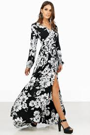 Women S Long Sleeve Black And White Floral Print Wrap Maxi Dress Front View Cheap Maxi Dresses Maxi Dress Maxi Wrap Dress