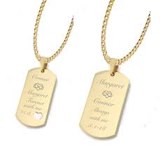 Hand stamped personalized custom pet id tags for dogs and cats in solid brass; Gold His Hers Couples Dog Tag Necklace Set Engraved Necklaces