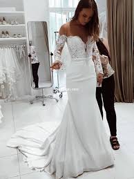 Gown designer stella york is incredible! Mermaid Off The Shoulder Open Back Long Sleeve White Satin Wedding Dresses With Train Dress Girl Com