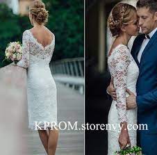 Knee Length Simple White Ivory Wedding Dress Long Sleeves Lace Wedding Bridal Gown Women Brid Knee Length Wedding Dress Short Wedding Dress Ivory Wedding Dress