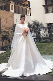 Vintage lace long wedding dress with tulle overskirt. White Satin Modest Wedding Dresses With Long Sleeves Loveangeldress