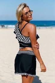 Black White Striped Ruffle One Shoulder Tankini Swimsuit With Skirts Tankini Swimsuits For Women Tankini Swimsuits Skirted Swimsuit