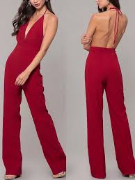 Wine Re Condole Belt Tie Back Backless Plunging Neckline Sleeveless Elegant Long Jumpsuit Jumpsuits Bottoms