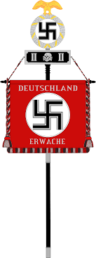 De dubbelzijdige vlag is gemaakt van een rode kunstzijde basis met aan elke zijde een opgenaaide witte rondel, omrand met zilveren tresse, in de witte rondel is een zwart swastika opgenaaid, met zilveren tresse op de armen. File Ss Totenkopf Standarte Svg Wikimedia Commons