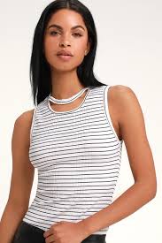 Black And White Striped Tank Top Outfit Wild Heart Black And White Striped Ribbed Cutout Tank Top Cutout Tank Top Cute Summer Tops Tank Top Fashion