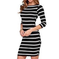 Soatrld Women 3 4 Sleeve White Black Striped Mini Bodycon Dress Wear To Work Casual Party Pencil Short Sleeve Mini Dress Casual Dress Casual Dresses For Women