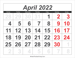 2022 Calendar April With Large Numbers Whatisthedatetoday Com
