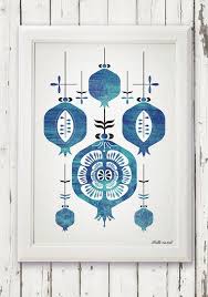 Affiche Poster Moderniste Retro 50 S Grenade Grece Israel Armenie Porte Bonheur Linogravure Tableaux Deco Porte Bonheur