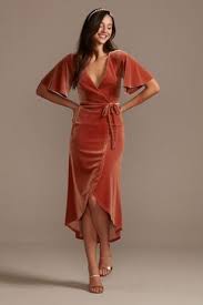Velvet Flutter Sleeve Midi Dress With Tie Waist David S Bridal