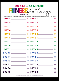 After 30 days, you'll know how to train with barbells, machines, and just your body weight. 30 Day 30 Minute Fitness Challenge Free Printable