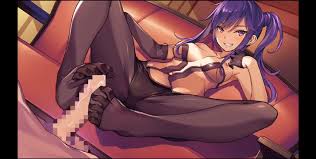 Purple-haired anime hottie in pantyhose giving a hot footjob