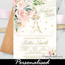 Floral Pink Gold Paris Themed Baby Shower Invites Cupcakemakeover