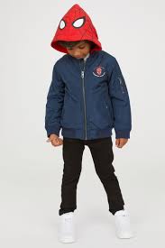 Hooded Bomber Jacket Dark Blue Spider Man Kids H M Us Hooded Bomber Jacket Padded Bomber Jacket Sweatshirt Fabric