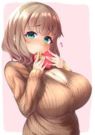 watari1118, original, highres, 1girl, blush, border, breasts, brown hair,  brown sweater, candy, chocolate, chocolate heart, cleavage, cleavage  cutout, clothing cutout, dot mouth, embarrassed, food, full