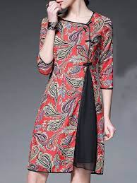 Model baju batik atasan untuk wanita yang simple tetapi tetap. Red Paisley Crew Neck Half Sleeve A Line Vintage Asymmetric Chiffon Midi Dress Wanita Gaya Model Pakaian Pakaian Wanita