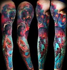 Black And White Space Tattoo Half Sleeve Gorgeous Multicolored Underwater Life With Space Tattoo On Sleeve Half Sleeve Tattoos For Guys Nature Tattoo Sleeve Tattoos For Guys