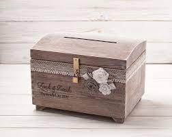 These beautiful boxes are perfect for adding your own decal, which you can get personalized easily in your choice of wording yep, it's totally possible and you'll love how it looks. Amazon Com Rustic Wedding Card Box With Slot Personalized Large Wooden Card Box With Burlap And Lace Cards Banner Gift Box Wooden Chest Memory Box With Lock Key Handmade