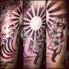Tattoo Halfsleeve Sunrays Cherryblossoms Waves Sun Tattoo Designs Sun And Flower Tattoo Inspirational Tattoos