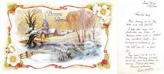 Bonne Annee Paysage Enneige Au Crepuscule Ruisseau Eglise Allumee Cadre Orne De Fleurs De Noel Et De Houx 20 Fleur De Noel Paysage Enneige Carte Postale