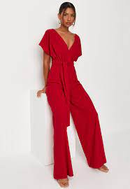 Red Crepe V Neck Belted Jumpsuit Missguided