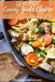 You can get delicious dishes like their spinach balls and their chicken noodle soup. One Pot Creamy Garlic Chicken And Veggie Pasta The Skinnyish Dish