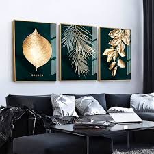 Art Deco Golden Tropical Leaves Prints Design For Living Room Decor Artdeco Golden Green Leaf Lea Home Decor Paintings Leaf Wall Art Living Room Pictures
