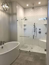 Master Shower Herringbone Subway Modern Farmhouse Gray Tile Floors Modern Farmhouse Bathroom Bathrooms Remodel Bathroom Remodel Master