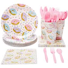 Get deals with coupon and discount code! Serves 24 Donut Party Supplies 144pcs Plates Napkins Cups Knives Spoons Forks Favors Decorations Disposable Paper Tableware Dinnerware Kit Set Bulk For Baby Shower Birthday Party Walmart Com Walmart Com