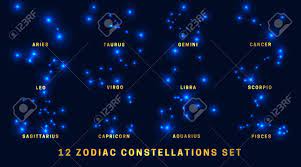 Complete gift package with certificate, star map and entry in the starling star registry. Set Of 12 Zodiac Constellations Bright Glowing Stars On A Blue Royalty Free Cliparts Vectors And Stock Illustration Image 127835301