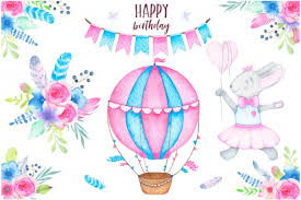 Share the best gifs now >>> Free Vector Watercolor Happy Birthday Party Set With Bunny Air Balloon Garland And Flowers Bouquets Feathers