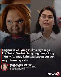 USEC. CLAIRE, MAY PATUTSADA KAY VP SARA Binanatan ni Palace Press Officer  Usec. Claire Castro na kamukha umano ng horror doll na si "Chucky" si Vice.  Pres. Sara Duterte kapag nagsasalubong ang