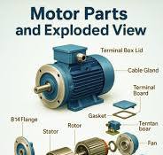 Detailed exploded view of an electric motor showing all key ...