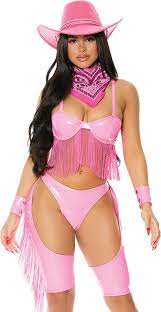 Amazon.com: Forplay Women's Shiny Vinyl Cowgirl Costume Print 4-Piece  Halloween Outfit with Bra, Panty With Chaps, Wristcuffs, and Bandana, Pink,  L/XL: Clothing, Shoes & Jewelry